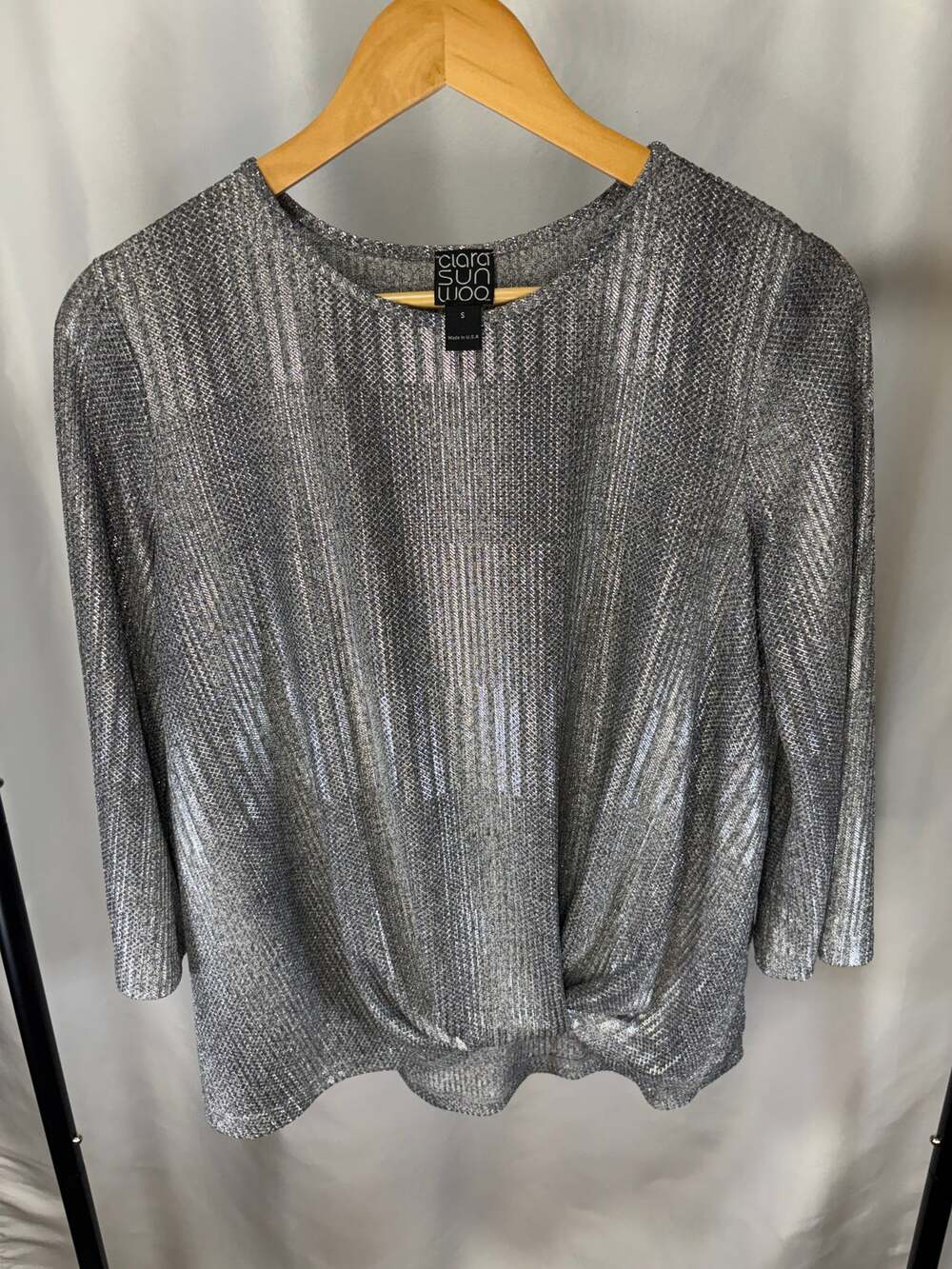 Clara Sun Woo Silver Metallic Textured Knit 3/4 Sleeve Top Size M